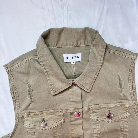 Risen Los Angeles Medium Women's Tan Sleeveless Denim Distressed Vest Brown/Tan - Picture 6 of 13